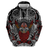 Viking Berserker and Valknut Norse Mythology Zip Hoodie Red and Black Celtic Knotwork Art