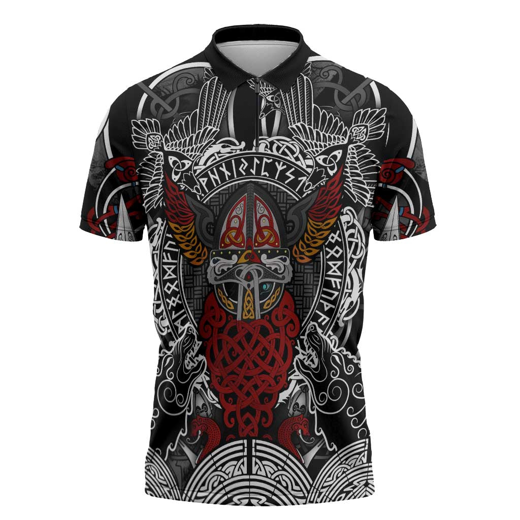 Viking Berserker and Valknut Norse Mythology Zipper Polo Shirt Red and Black Celtic Knotwork Art
