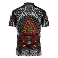 Viking Berserker and Valknut Norse Mythology Zipper Polo Shirt Red and Black Celtic Knotwork Art