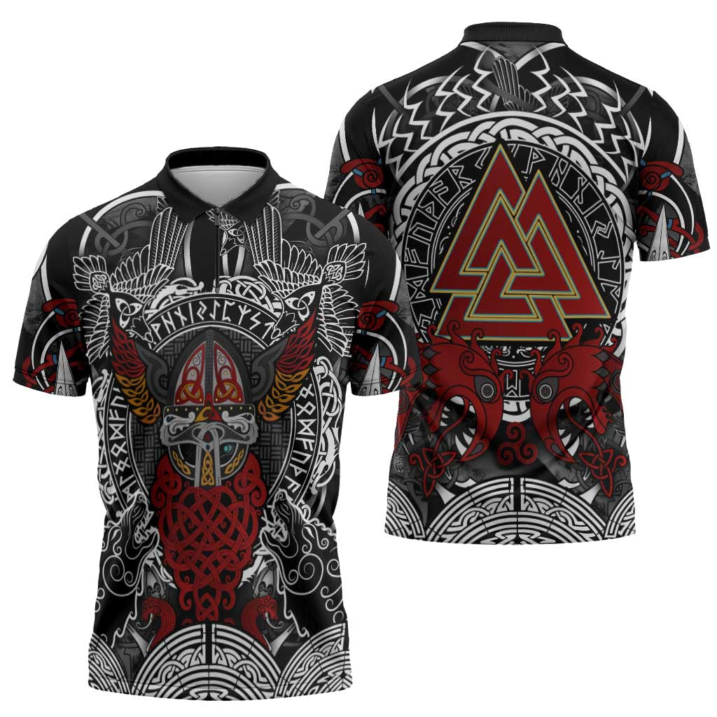 Viking Berserker and Valknut Norse Mythology Zipper Polo Shirt Red and Black Celtic Knotwork Art