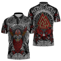 Viking Berserker and Valknut Norse Mythology Zipper Polo Shirt Red and Black Celtic Knotwork Art