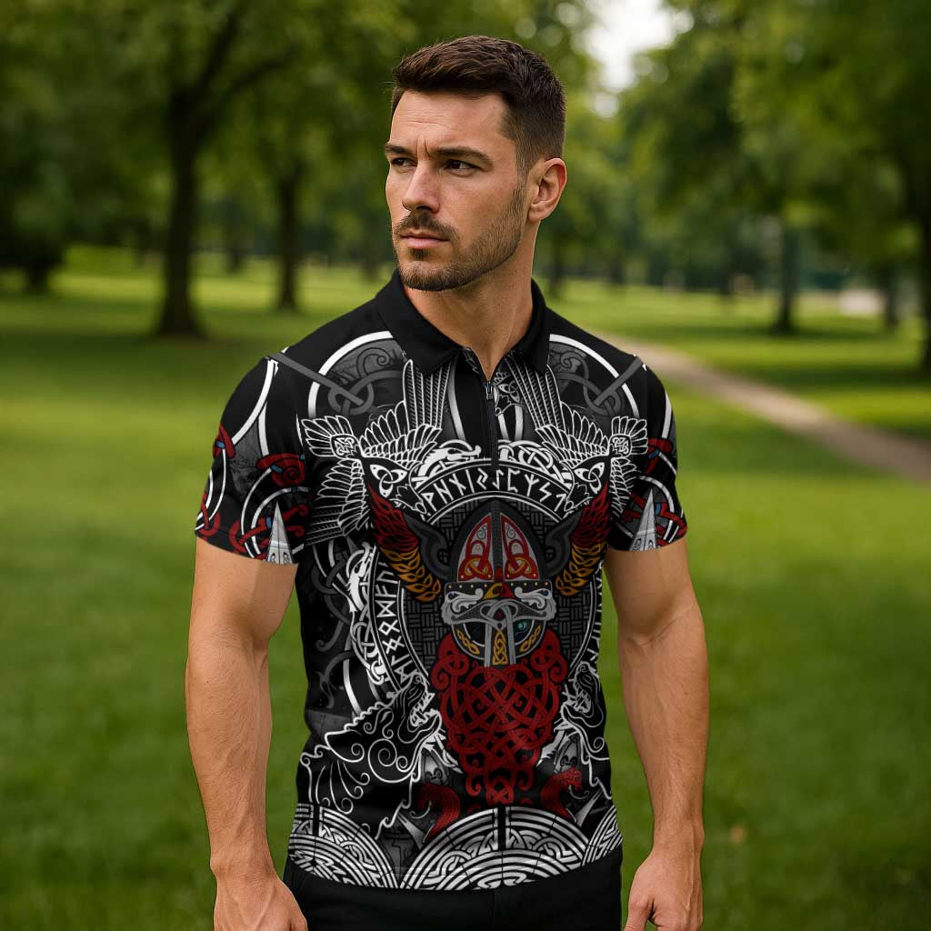 Viking Berserker and Valknut Norse Mythology Zipper Polo Shirt Red and Black Celtic Knotwork Art