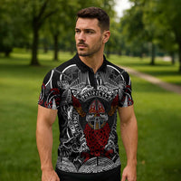 Viking Berserker and Valknut Norse Mythology Zipper Polo Shirt Red and Black Celtic Knotwork Art