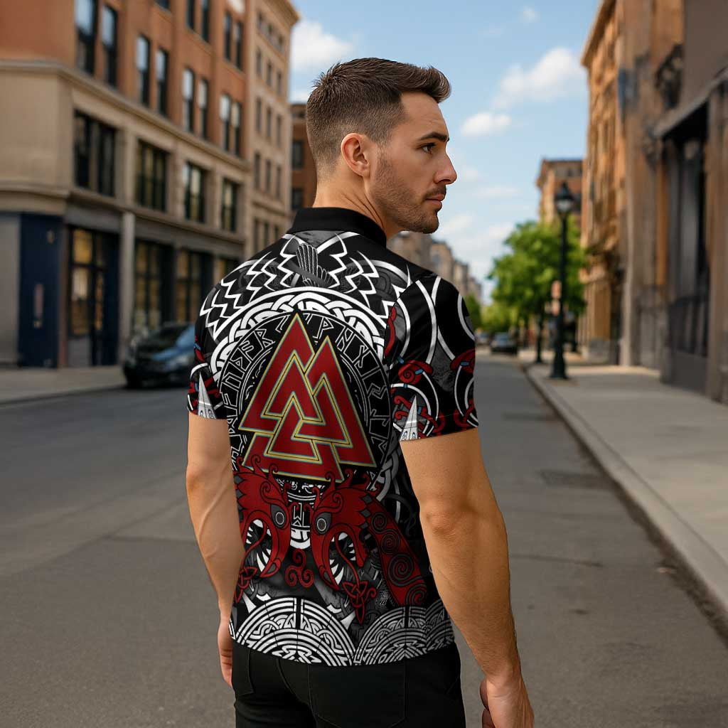Viking Berserker and Valknut Norse Mythology Zipper Polo Shirt Red and Black Celtic Knotwork Art
