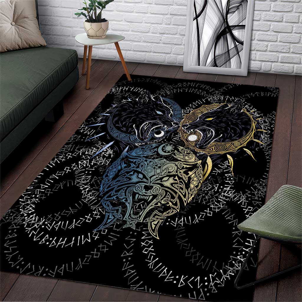 Skoll and Hati Norse Mythology Area Rug Viking Dual Moon Celtic Line Art