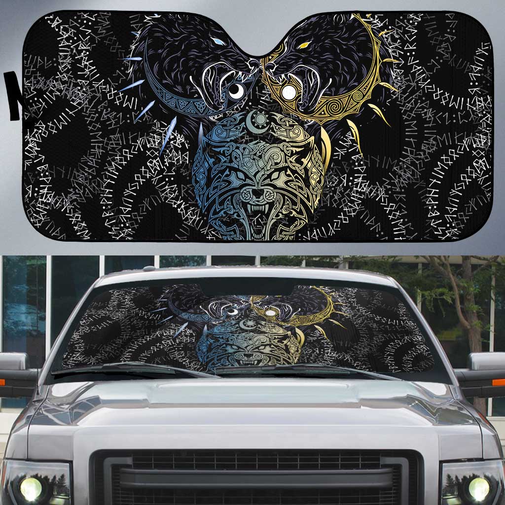 Skoll and Hati Norse Mythology Auto Sun Shade Viking Dual Moon Celtic Line Art
