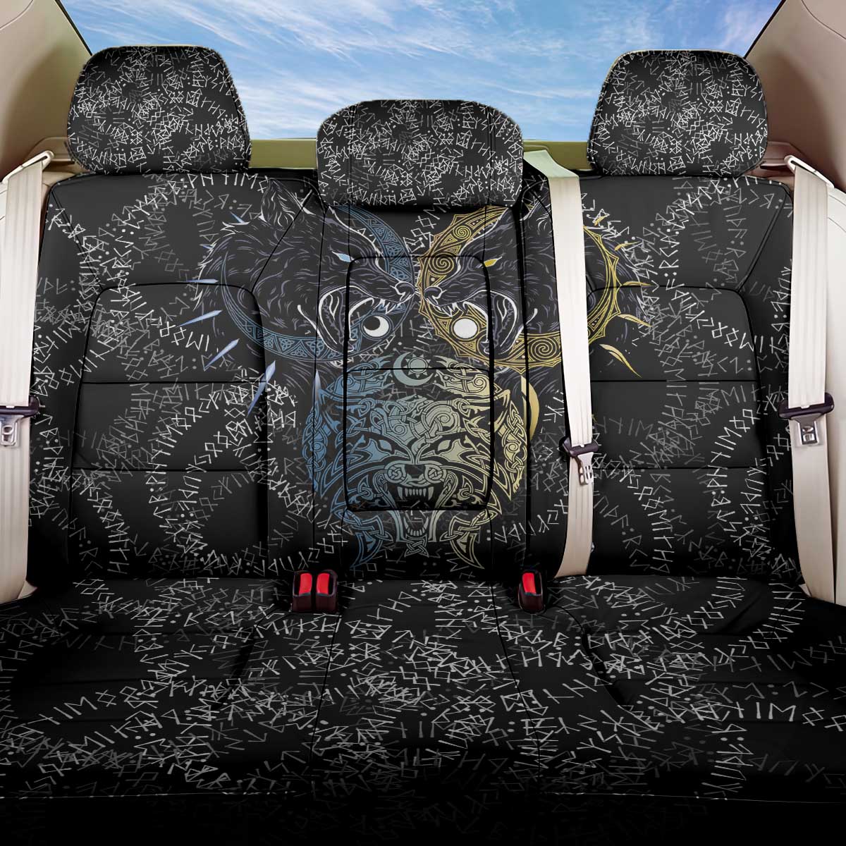 Skoll and Hati Norse Mythology Back Car Seat Cover Viking Dual Moon Celtic Line Art
