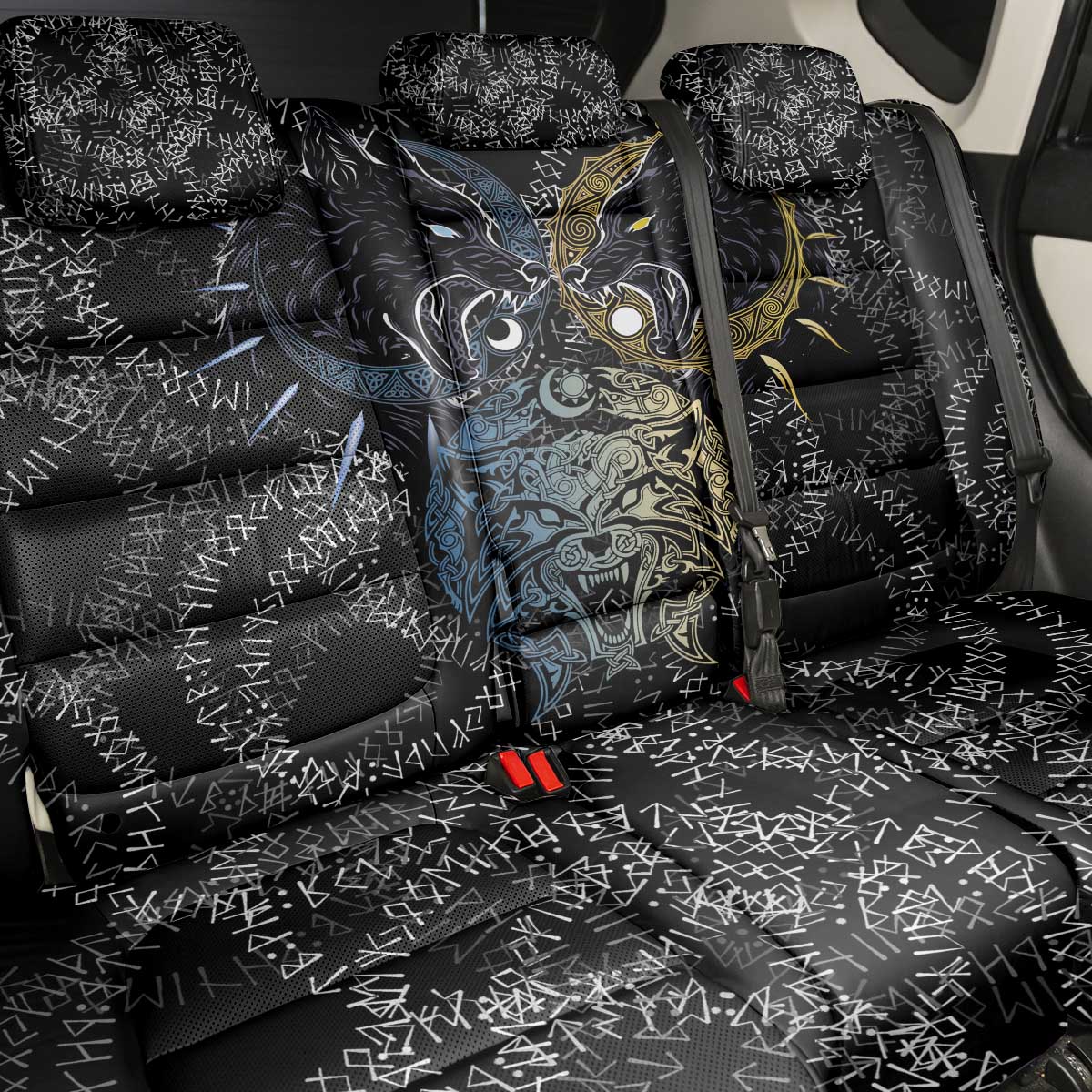 Skoll and Hati Norse Mythology Back Car Seat Cover Viking Dual Moon Celtic Line Art