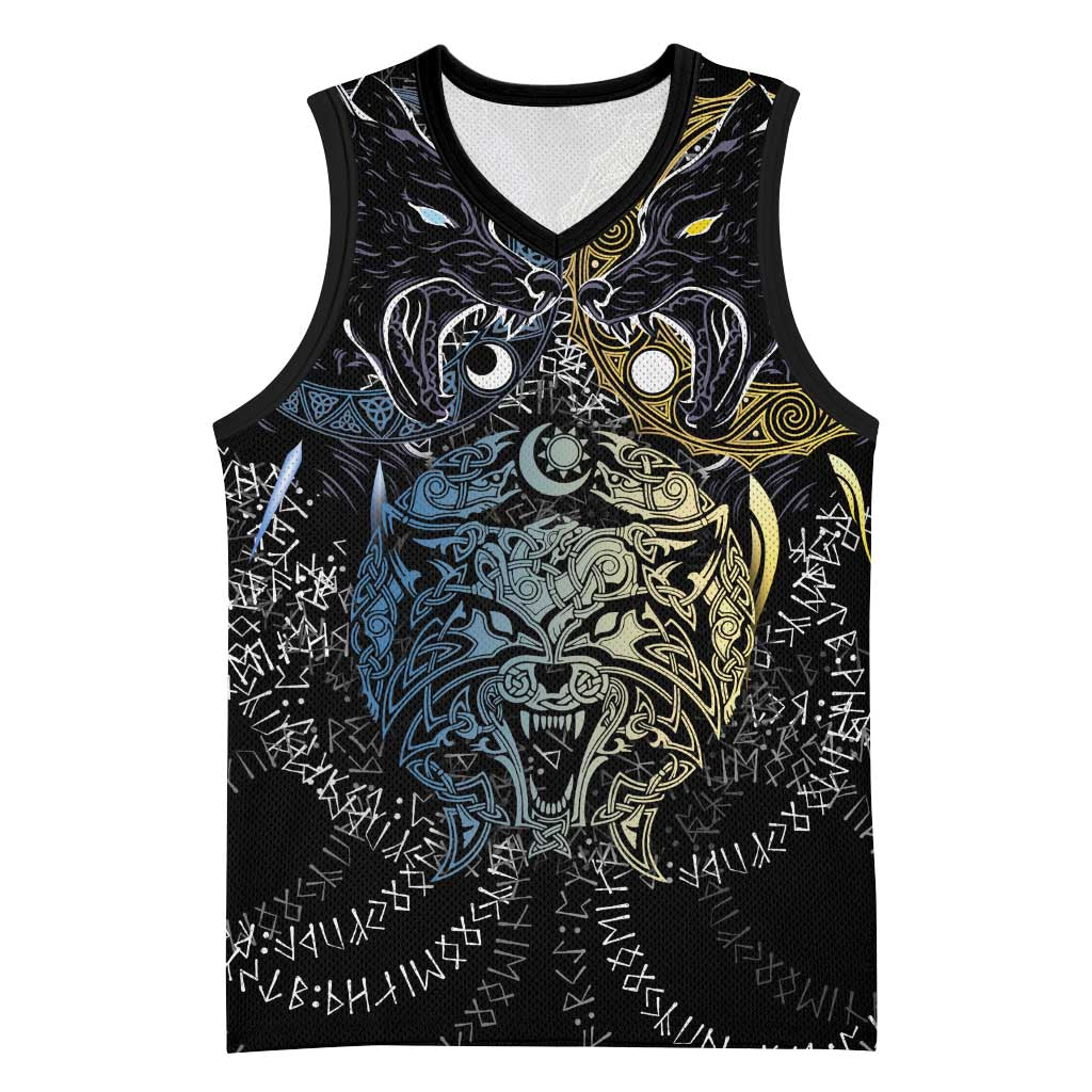 Skoll and Hati Norse Mythology Basketball Jersey Viking Dual Moon Celtic Line Art
