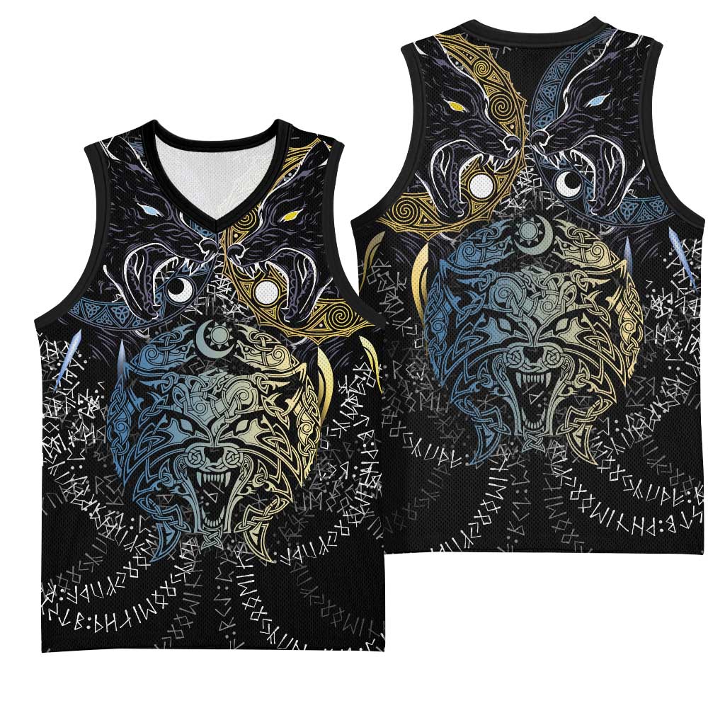 Skoll and Hati Norse Mythology Basketball Jersey Viking Dual Moon Celtic Line Art
