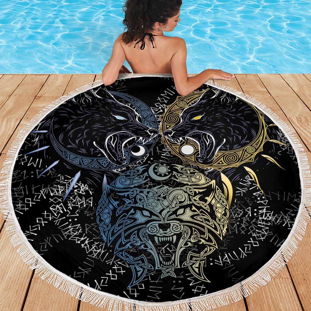Skoll and Hati Norse Mythology Beach Blanket Viking Dual Moon Celtic Line Art