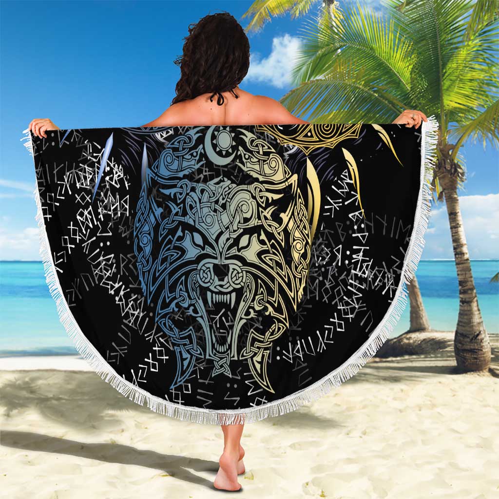 Skoll and Hati Norse Mythology Beach Blanket Viking Dual Moon Celtic Line Art