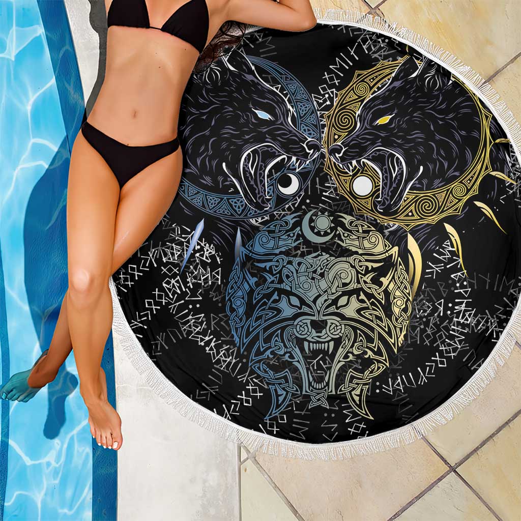 Skoll and Hati Norse Mythology Beach Blanket Viking Dual Moon Celtic Line Art
