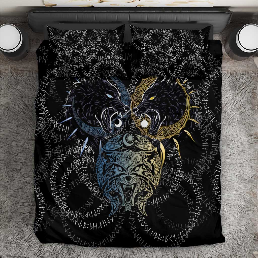 Skoll and Hati Norse Mythology Bedding Set Viking Dual Moon Celtic Line Art