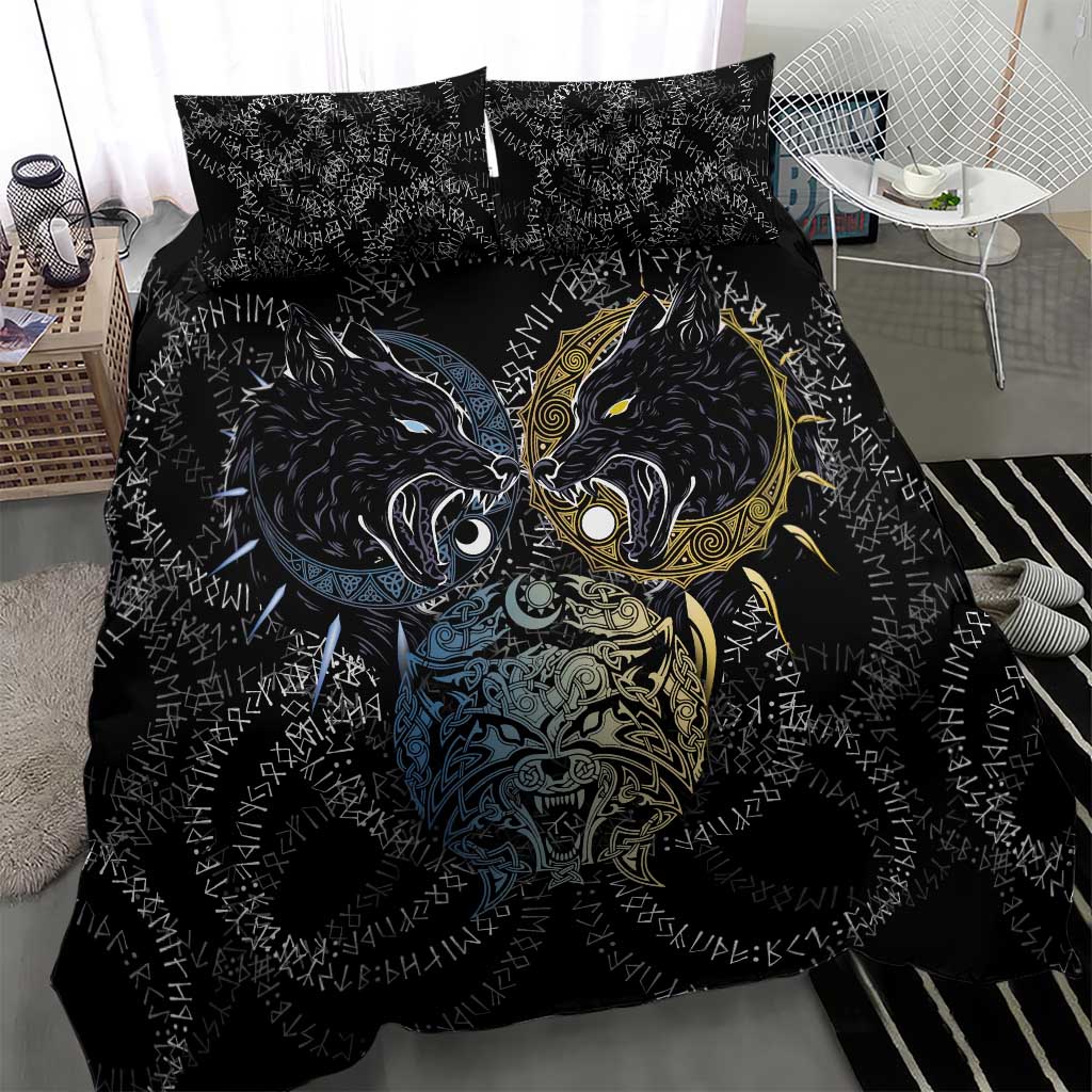 Skoll and Hati Norse Mythology Bedding Set Viking Dual Moon Celtic Line Art