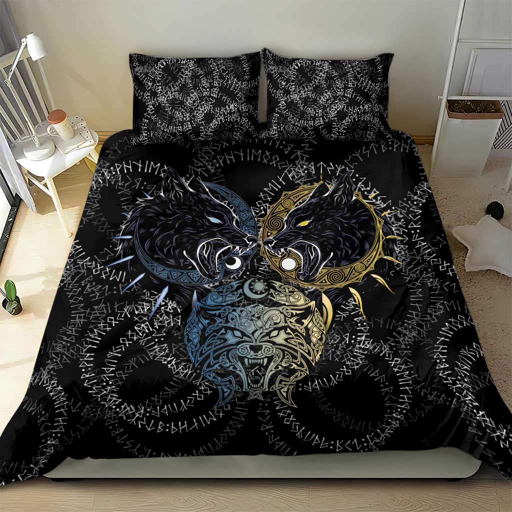 Skoll and Hati Norse Mythology Bedding Set Viking Dual Moon Celtic Line Art