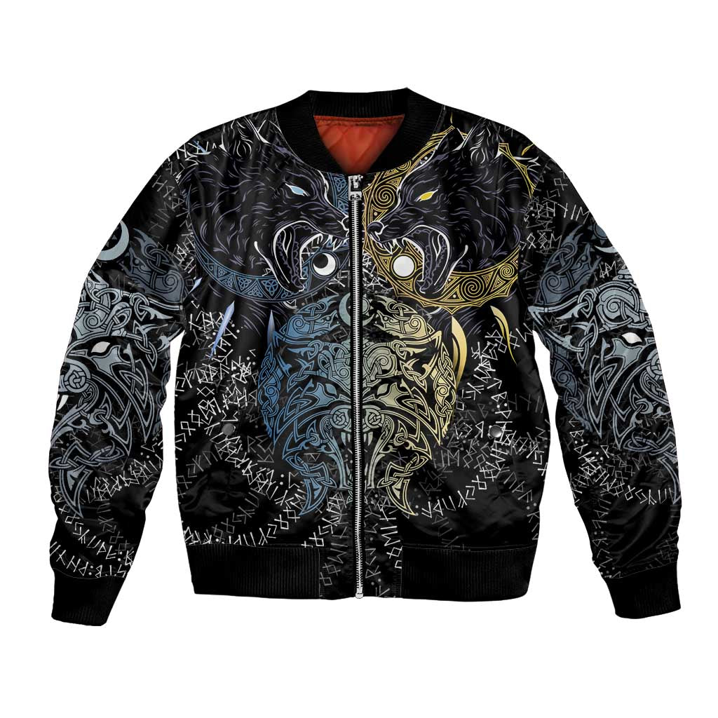 Skoll and Hati Norse Mythology Bomber Jacket Viking Dual Moon Celtic Line Art