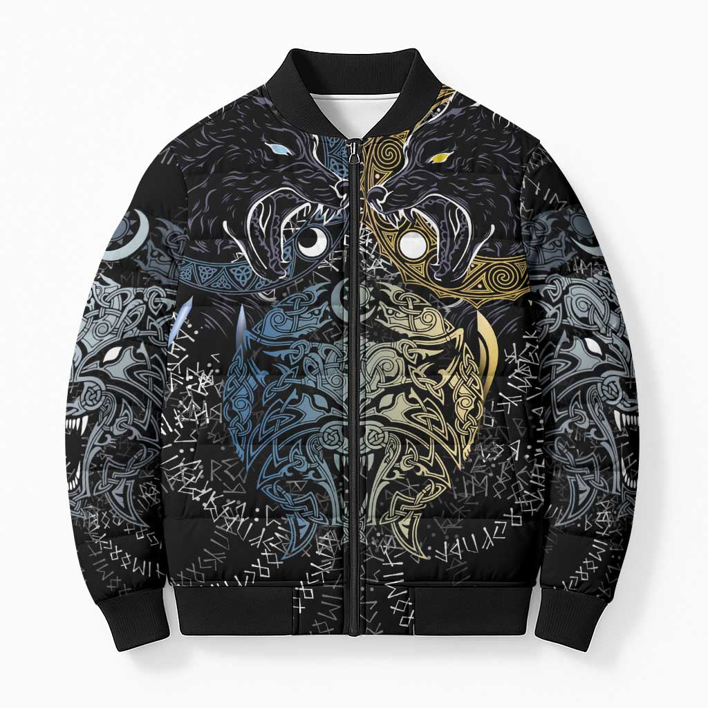 Skoll and Hati Norse Mythology Bomber Puffer Jacket Viking Dual Moon Celtic Line Art