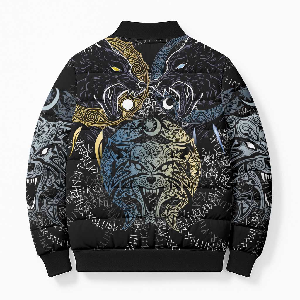 Skoll and Hati Norse Mythology Bomber Puffer Jacket Viking Dual Moon Celtic Line Art