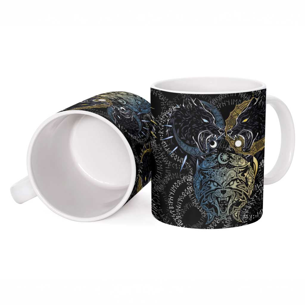 Skoll and Hati Norse Mythology Ceramic Mug Viking Dual Moon Celtic Line Art