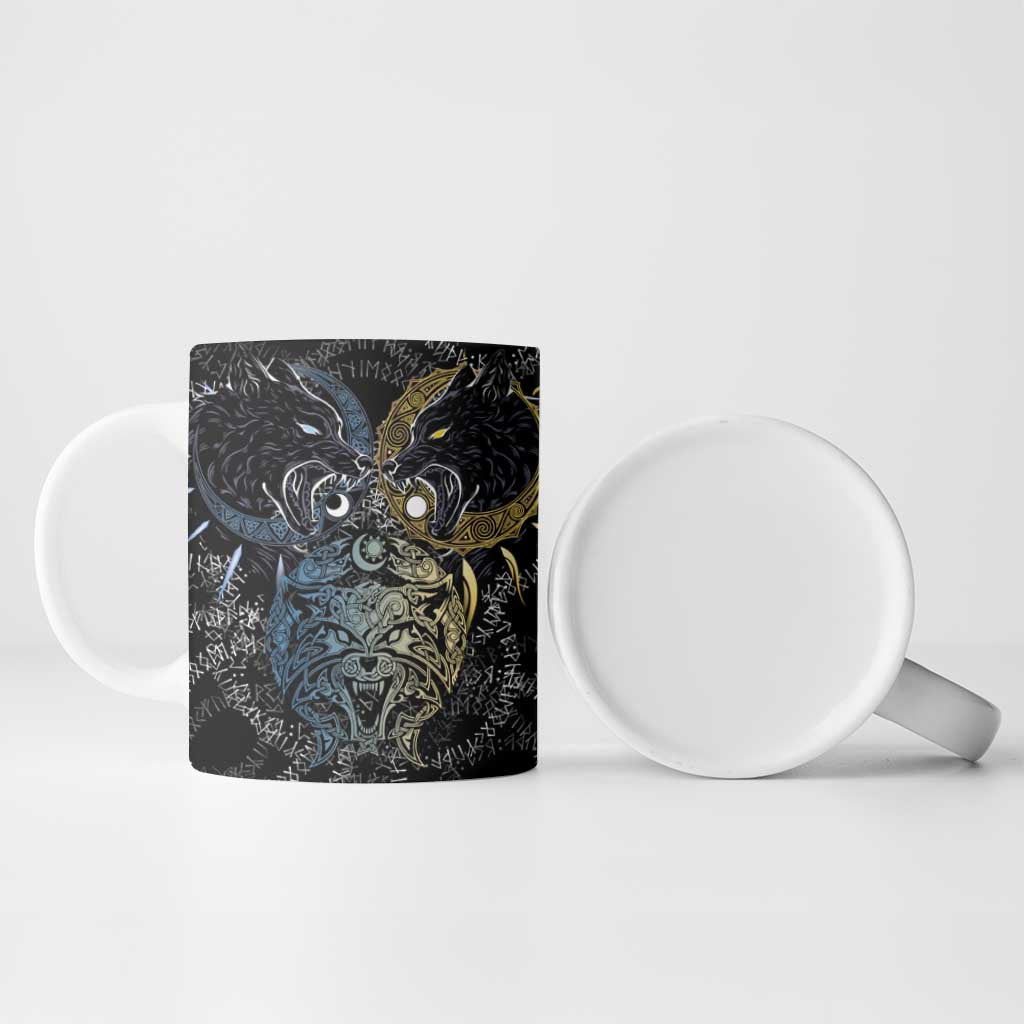 Skoll and Hati Norse Mythology Ceramic Mug Viking Dual Moon Celtic Line Art
