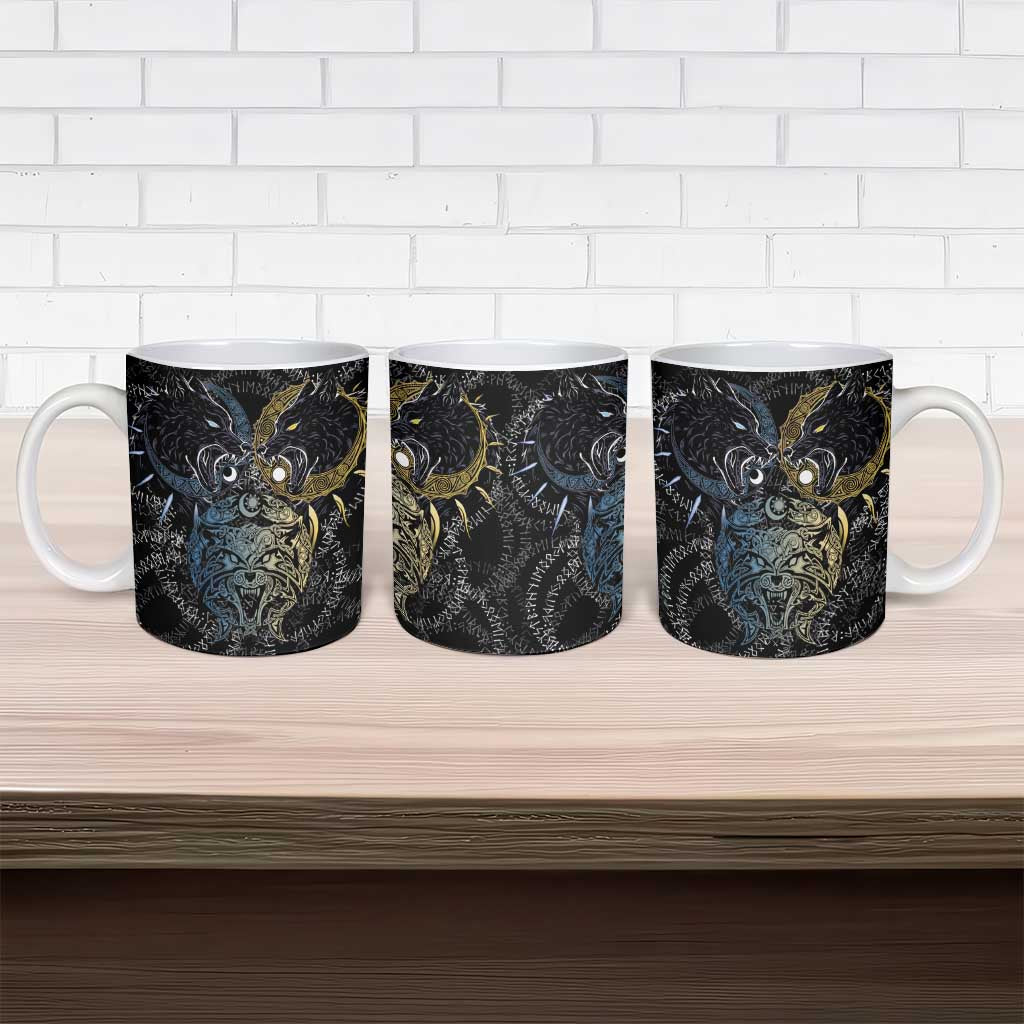 Skoll and Hati Norse Mythology Ceramic Mug Viking Dual Moon Celtic Line Art