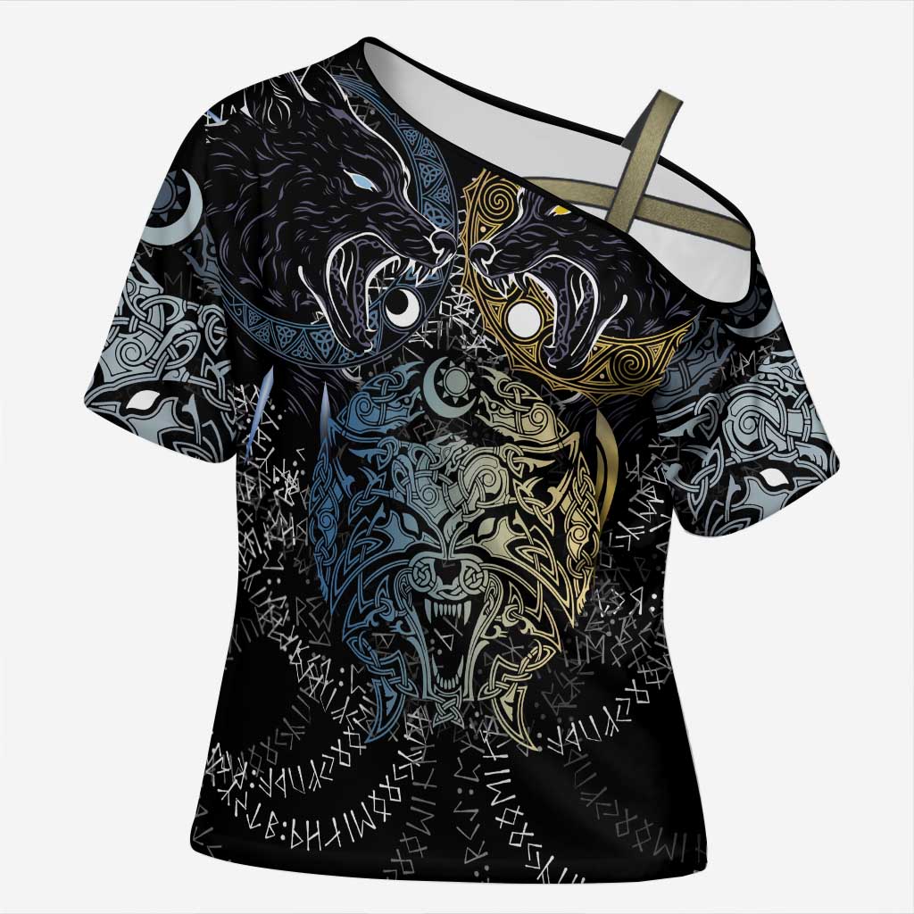 Skoll and Hati Norse Mythology Cross Shoulder Shirt Viking Dual Moon Celtic Line Art