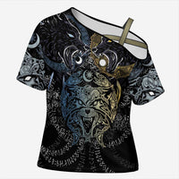 Skoll and Hati Norse Mythology Cross Shoulder Shirt Viking Dual Moon Celtic Line Art