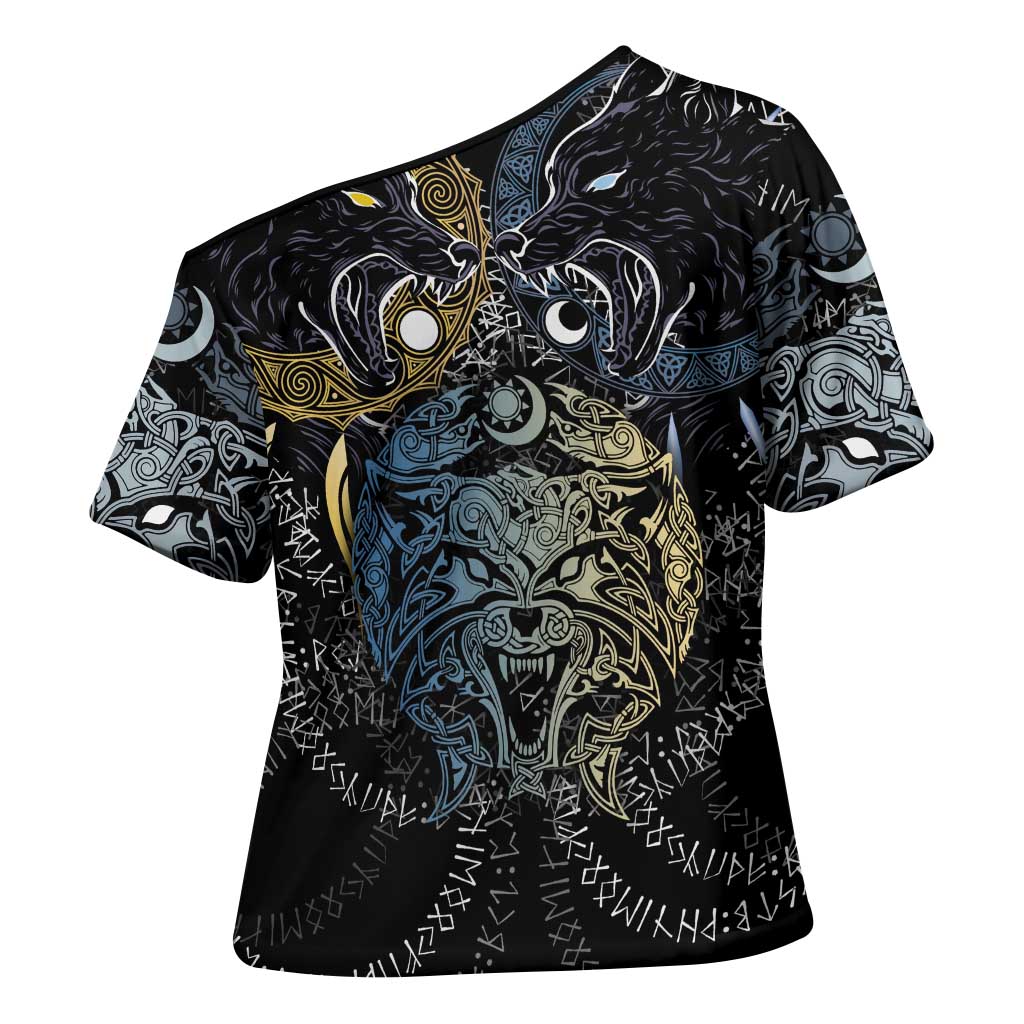 Skoll and Hati Norse Mythology Cross Shoulder Shirt Viking Dual Moon Celtic Line Art