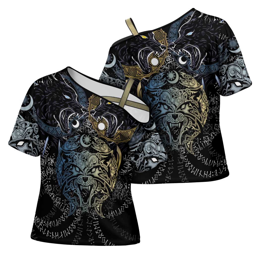 Skoll and Hati Norse Mythology Cross Shoulder Shirt Viking Dual Moon Celtic Line Art