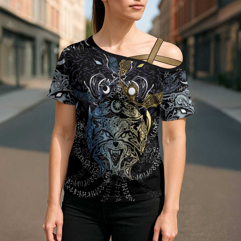 Skoll and Hati Norse Mythology Cross Shoulder Shirt Viking Dual Moon Celtic Line Art