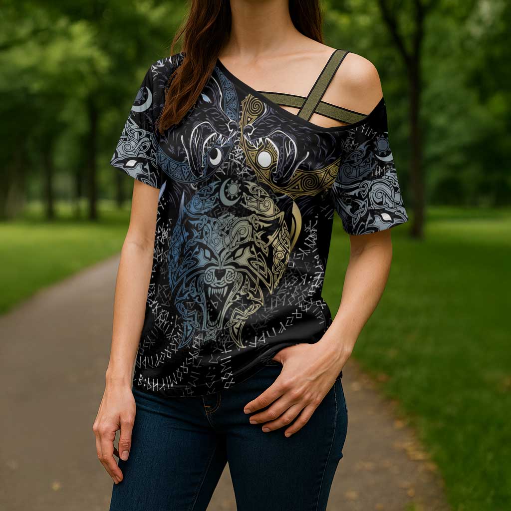 Skoll and Hati Norse Mythology Cross Shoulder Shirt Viking Dual Moon Celtic Line Art