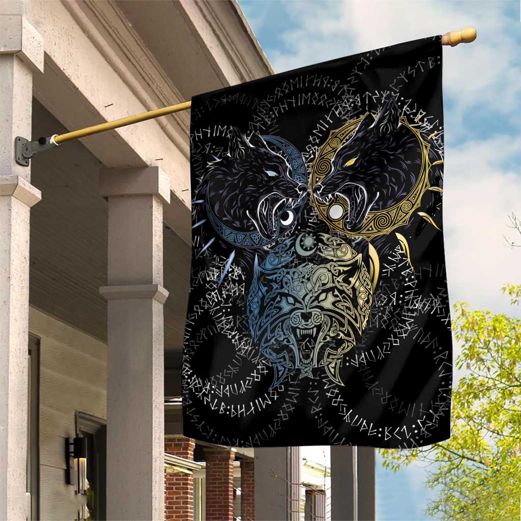 Skoll and Hati Norse Mythology Garden Flag Viking Dual Moon Celtic Line Art