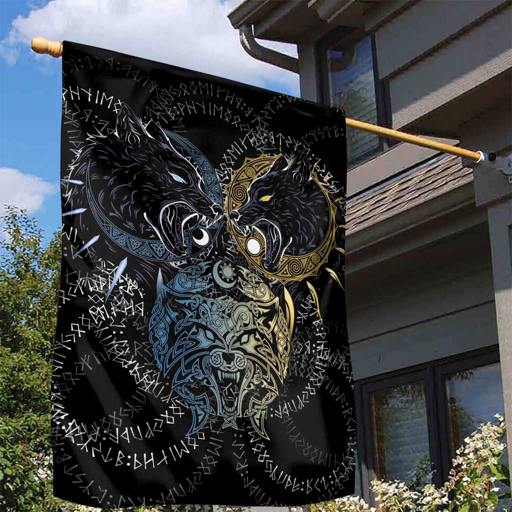 Skoll and Hati Norse Mythology Garden Flag Viking Dual Moon Celtic Line Art