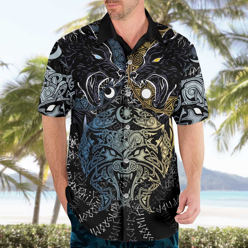 Skoll and Hati Norse Mythology Hawaiian Shirt Viking Dual Moon Celtic Line Art