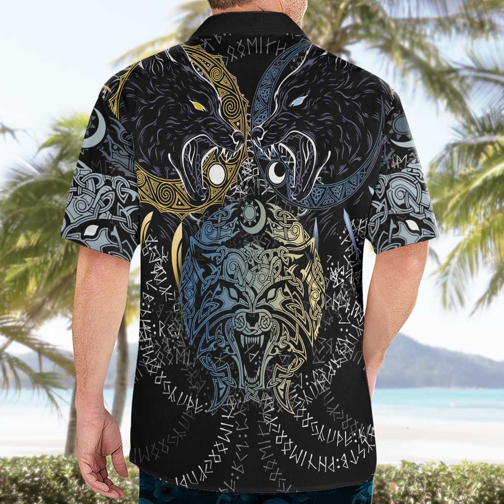 Skoll and Hati Norse Mythology Hawaiian Shirt Viking Dual Moon Celtic Line Art