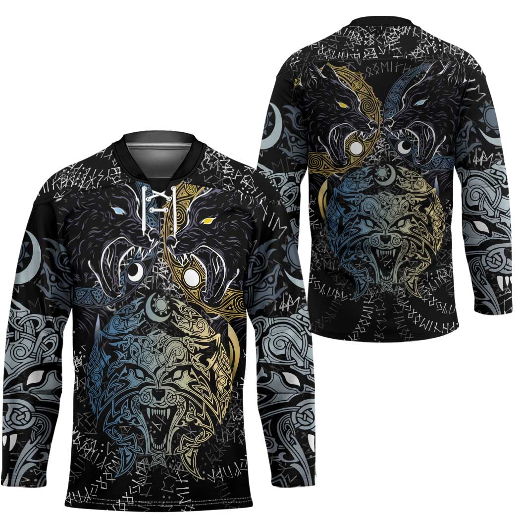 Skoll and Hati Norse Mythology Hockey Jersey Viking Dual Moon Celtic Line Art