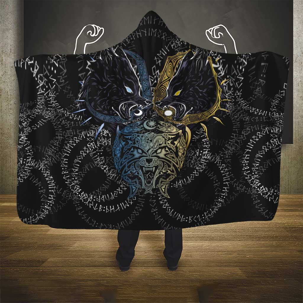 Skoll and Hati Norse Mythology Hooded Blanket Viking Dual Moon Celtic Line Art