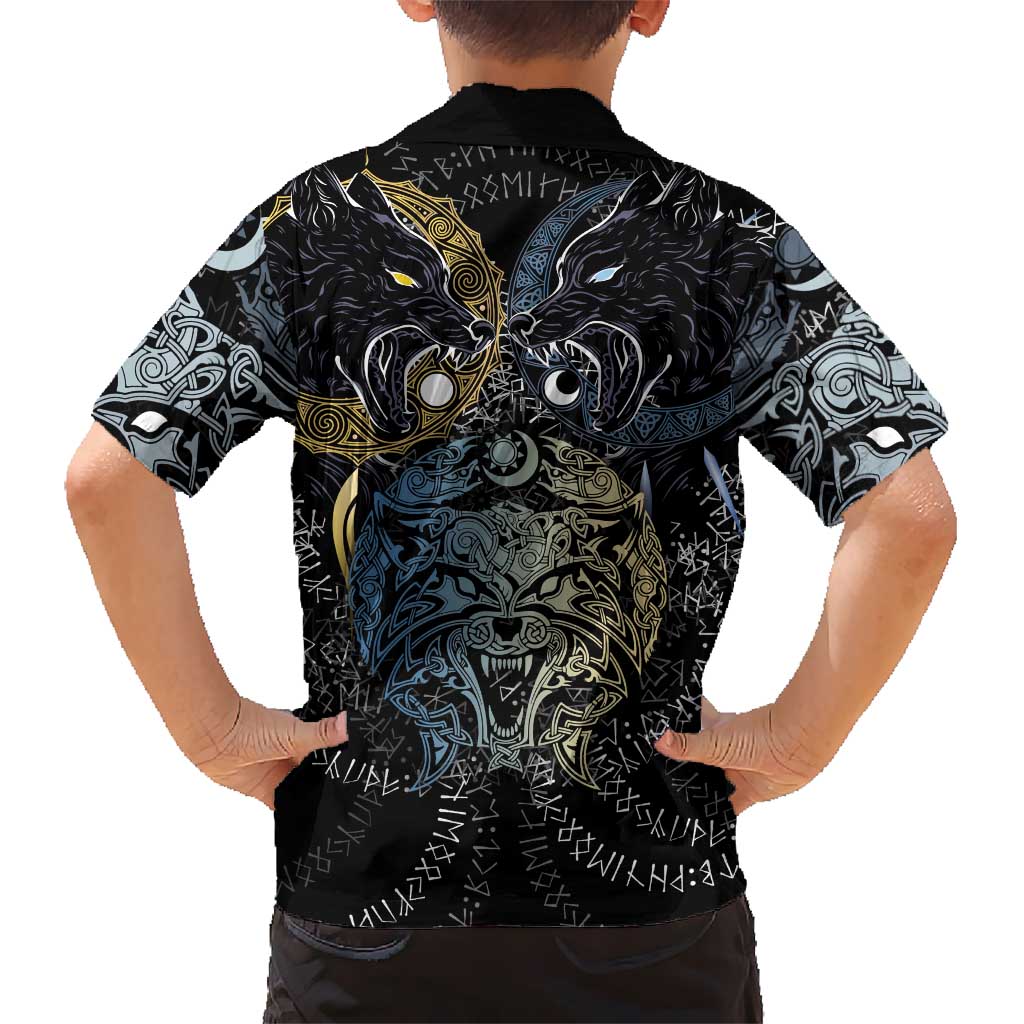Skoll and Hati Norse Mythology Kid Hawaiian Shirt Viking Dual Moon Celtic Line Art