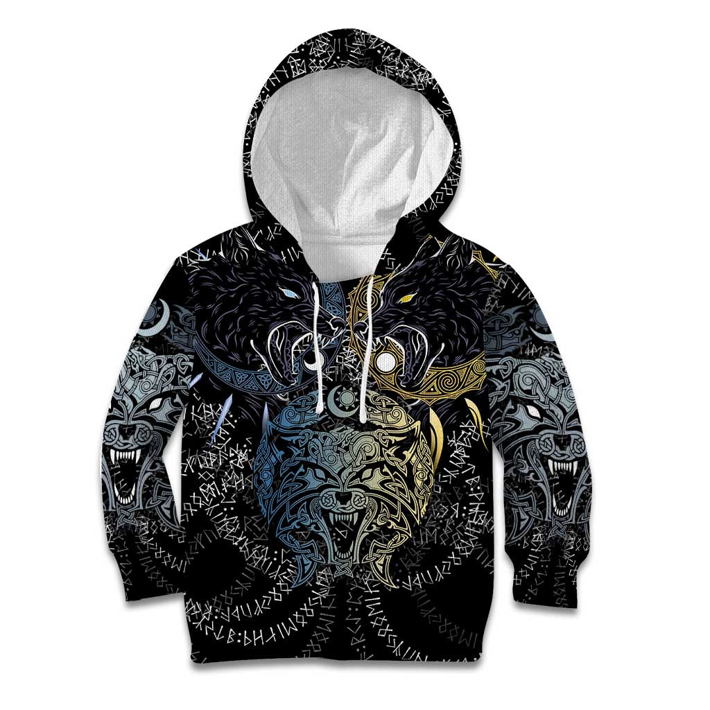 Skoll and Hati Norse Mythology Kid Hoodie Viking Dual Moon Celtic Line Art