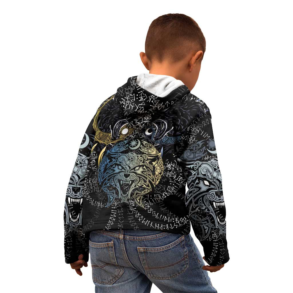 Skoll and Hati Norse Mythology Kid Hoodie Viking Dual Moon Celtic Line Art