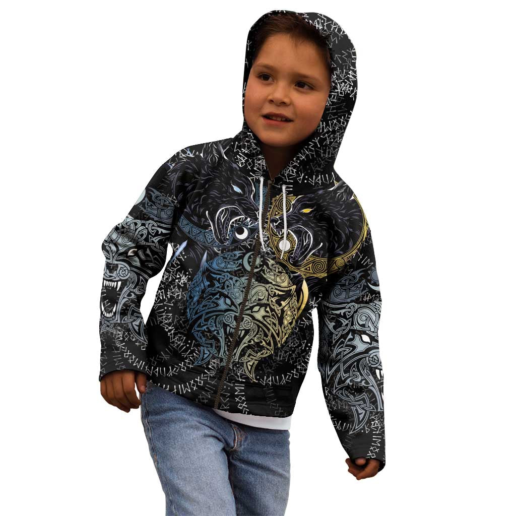 Skoll and Hati Norse Mythology Kid Hoodie Viking Dual Moon Celtic Line Art
