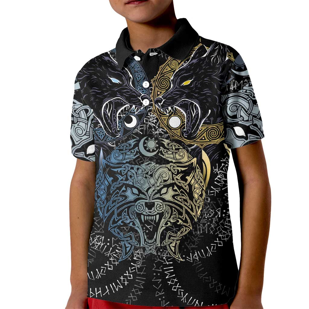 Skoll and Hati Norse Mythology Kid Polo Shirt Viking Dual Moon Celtic Line Art