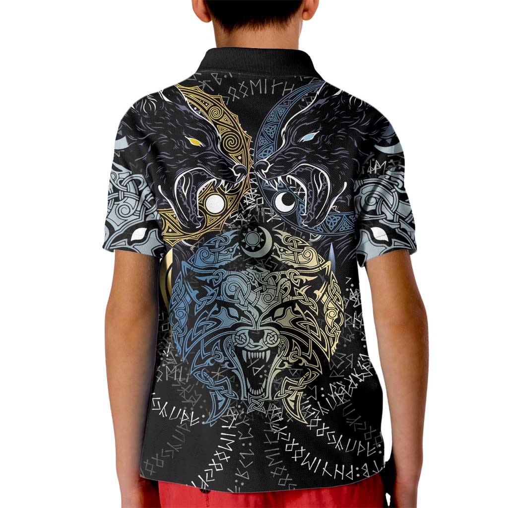 Skoll and Hati Norse Mythology Kid Polo Shirt Viking Dual Moon Celtic Line Art