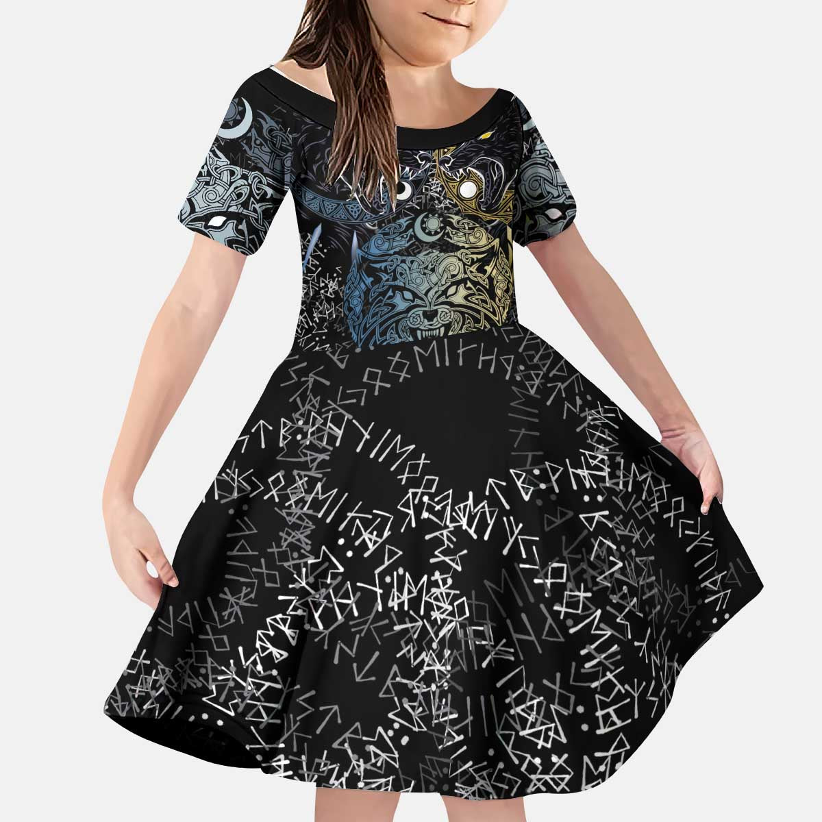 Skoll and Hati Norse Mythology Kid Short Sleeve Dress Viking Dual Moon Celtic Line Art