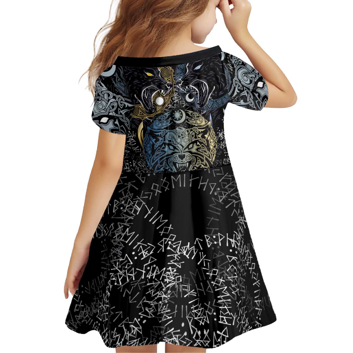 Skoll and Hati Norse Mythology Kid Short Sleeve Dress Viking Dual Moon Celtic Line Art