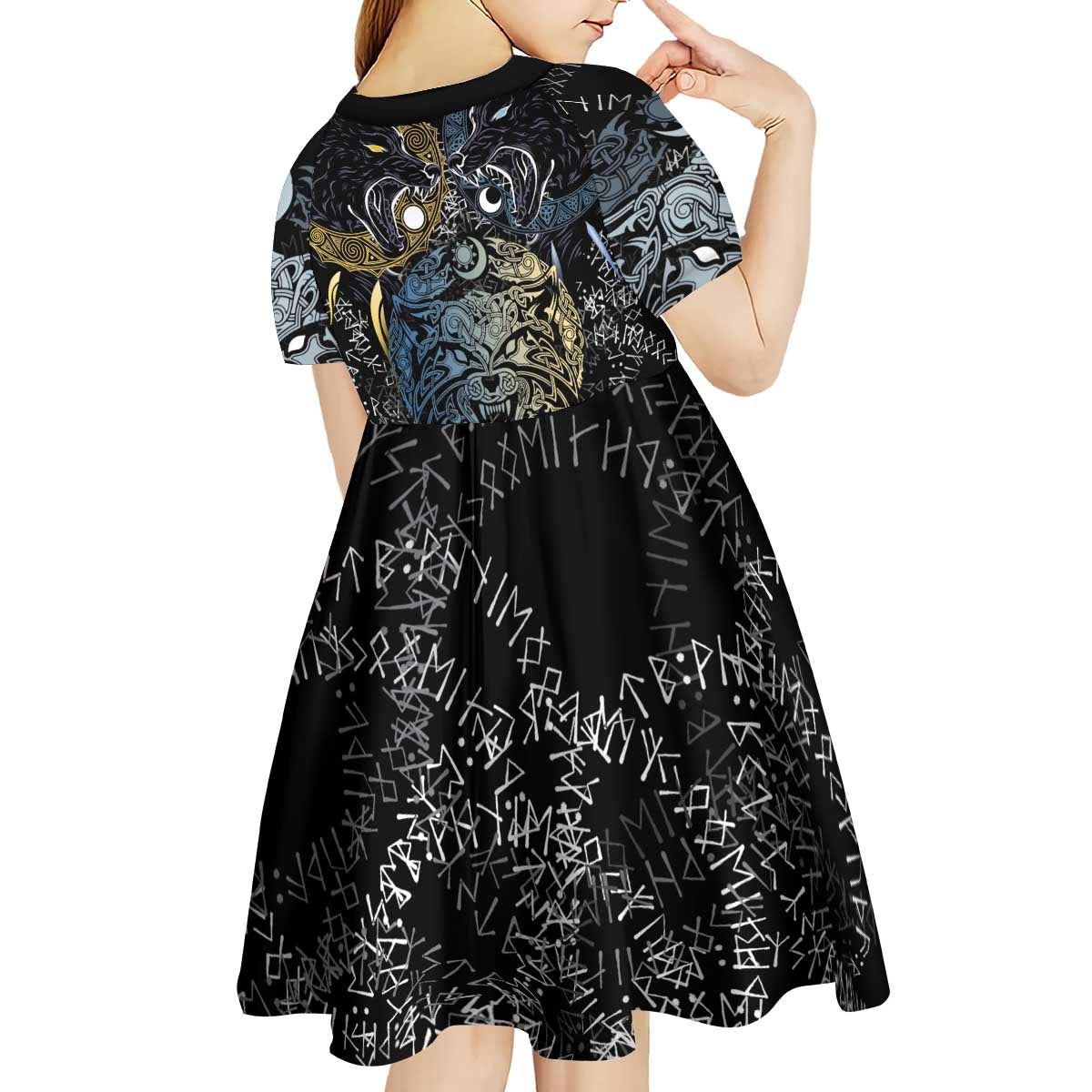 Skoll and Hati Norse Mythology Kid Short Sleeve Dress Viking Dual Moon Celtic Line Art