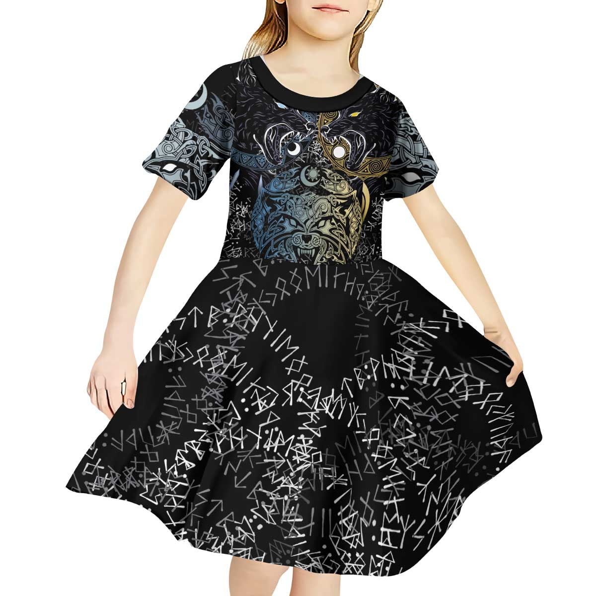 Skoll and Hati Norse Mythology Kid Short Sleeve Dress Viking Dual Moon Celtic Line Art
