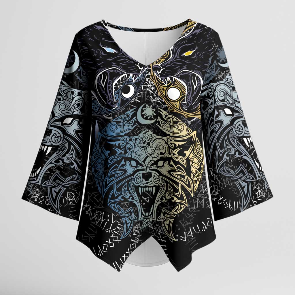 Skoll and Hati Norse Mythology Kimono Sleeve Blouse Viking Dual Moon Celtic Line Art