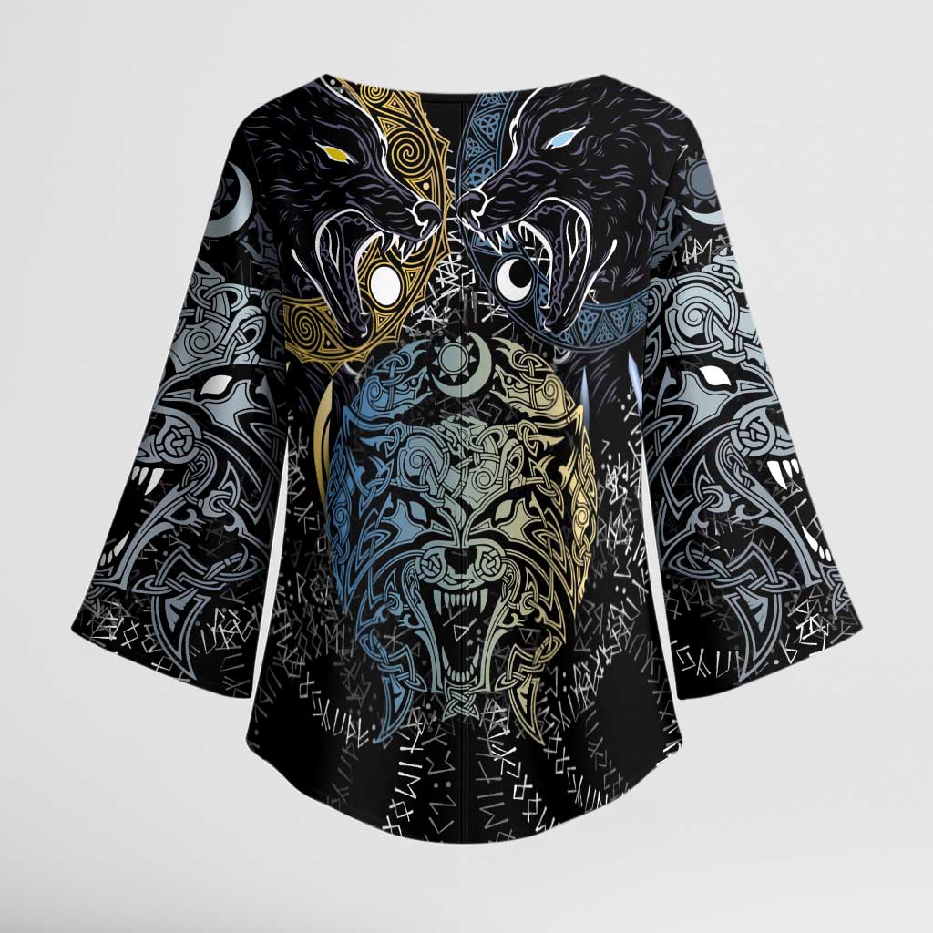 Skoll and Hati Norse Mythology Kimono Sleeve Blouse Viking Dual Moon Celtic Line Art